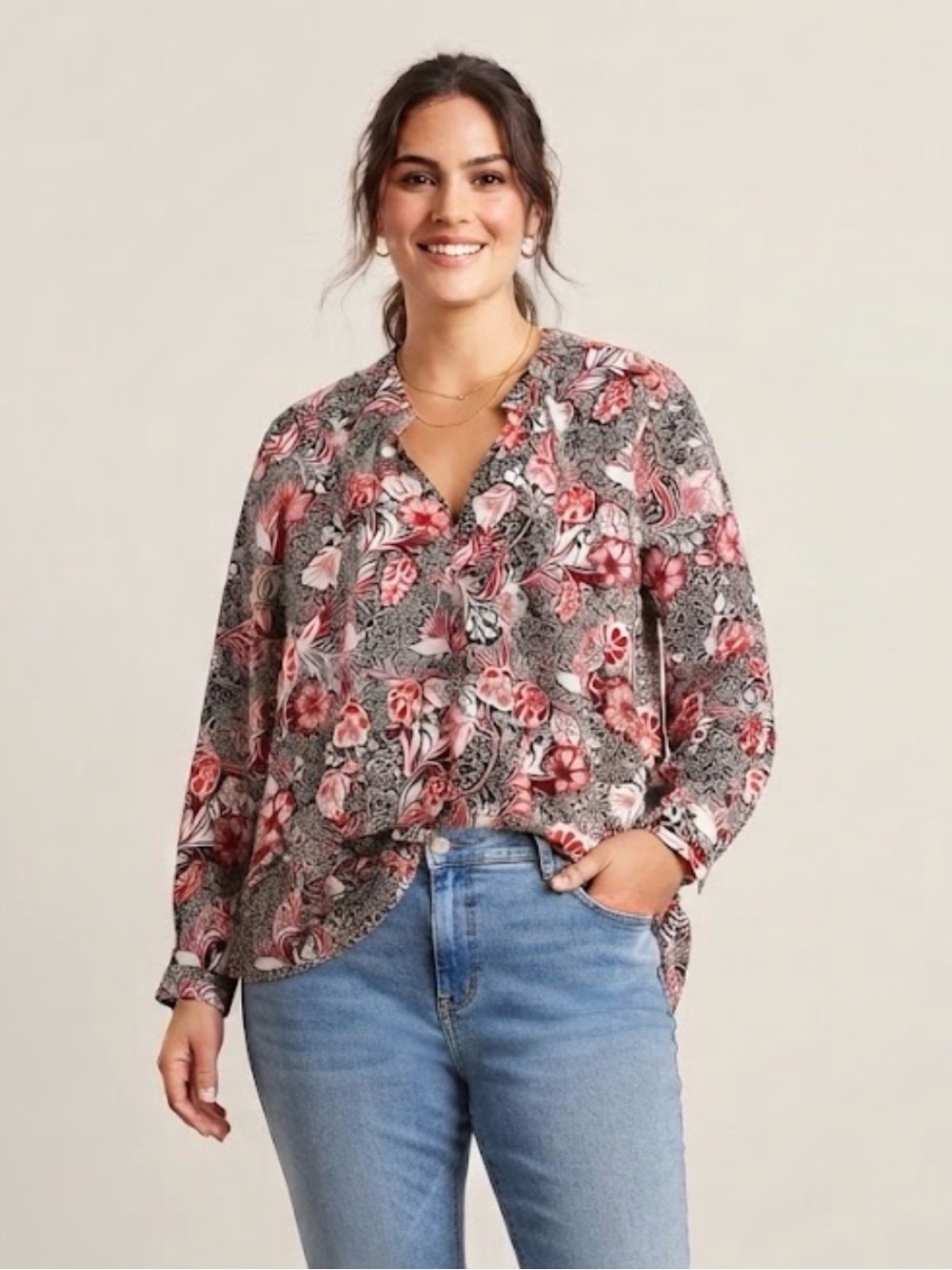 Lane Bryant Black & Red Floral Paisley Split-Neck Blouse Size 14/16
